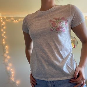 light grey t shirt with floral pocket